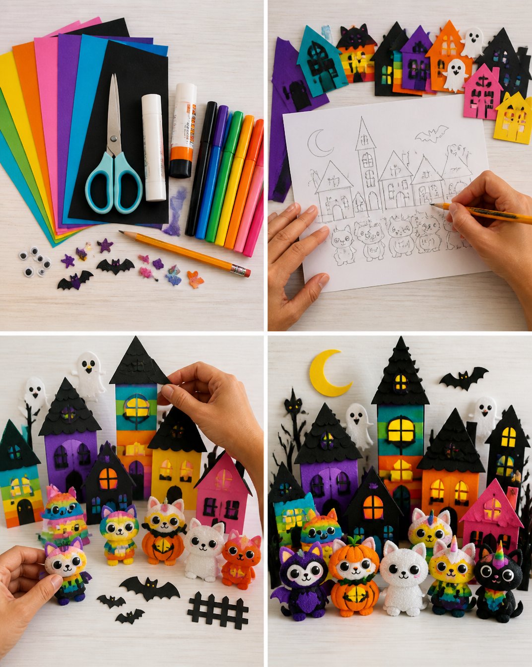 Spooky-Cute Rainbow Animals in a Haunted Village