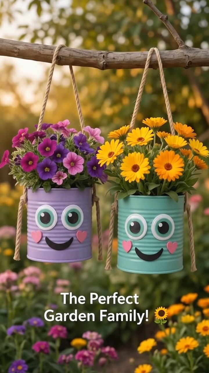Whimsical hanging tin can flower planters recycle cans into charming floral decorations for your garden ✨ Save this project! 12 Whimsical hanging tin can flower planters recycle cans into charming floral decorations for your garden ✨ Save this project!