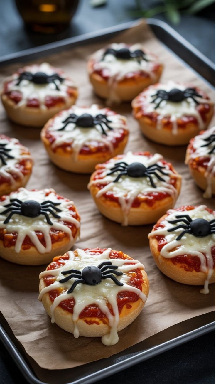 Halloween Party Food For Kids – spooky mini pizzas with spider toppings