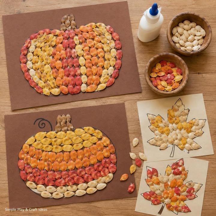🎃 Pumpkin Seed Autumn Collages 🍂

Save, wash and dry your pumpkin seeds, then colour them by popping them into a sealed bag with a few drops of food colouring and a tiny splash of white vinegar. Sha...