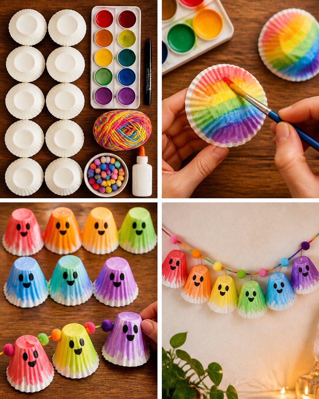 Rainbow Ghost Cupcake-Liner Garland Becomes Cozy 7 Rainbow Ghost Cupcake-Liner Garland