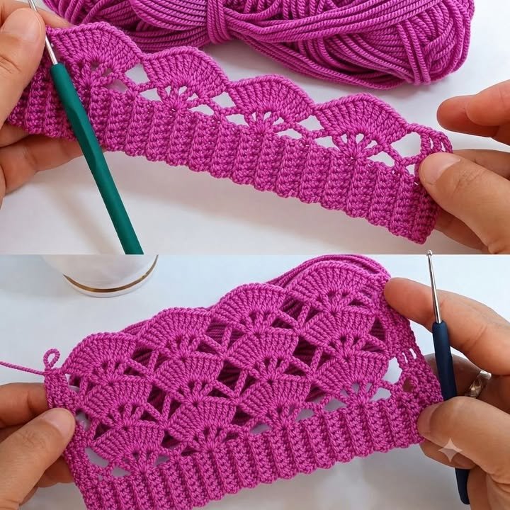 Steigere dein Häkel-Finish! 😍 Der nahtlose Übergang von dehnbarem Rippmuster zu offener Muschelspitze wird deine handgefertigten Projekte auf die nächste Stufe heben.