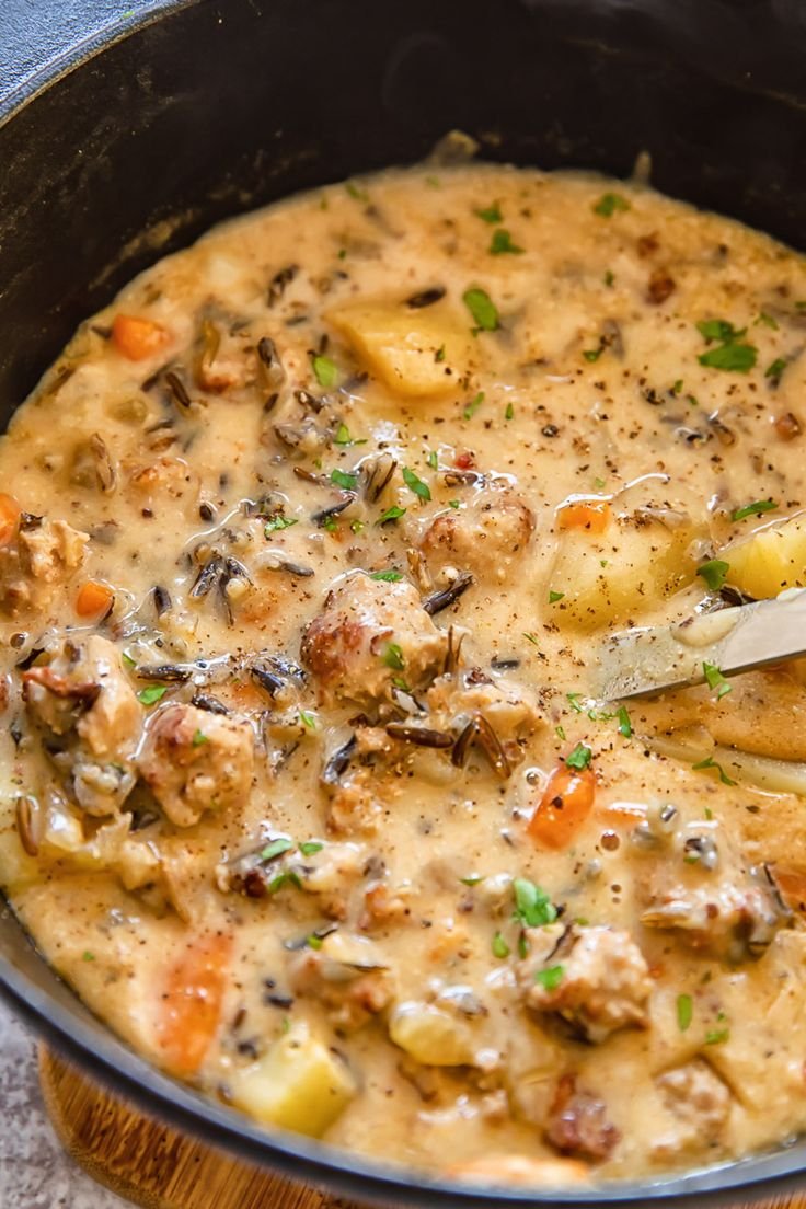 A typically chunky chowder conjures images of wind and rain-battered fishing boats. But there's not a clam in sight for … | Creamy potato and sausage soup, Potato and sausage chowder, Recipe for sausage and potato soup