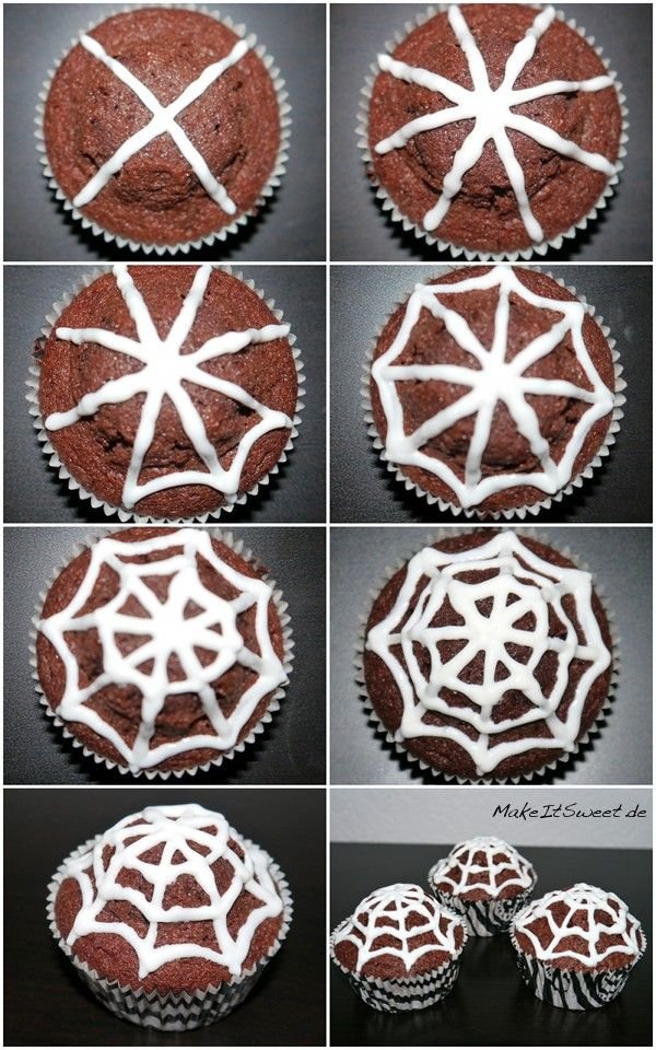 Einfach Halloween-Muffins dekorieren - MakeItSweet.de | Halloween kuchen spinnennetz, Halloween muffins dekorieren, Halloween deko basteln