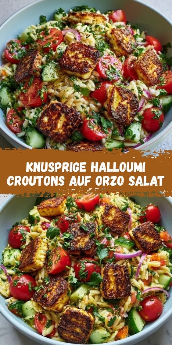 Dieser Kritharaki Salat mit Halloumi Croutons macht jede Sommerparty besser