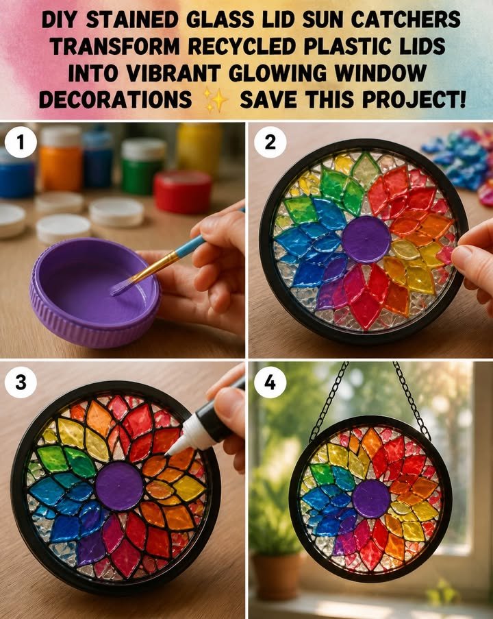 DIY stained glass lid sun catchers turn old plastic lids into colorful glowing decorations for your windows. Be sure to save this project!