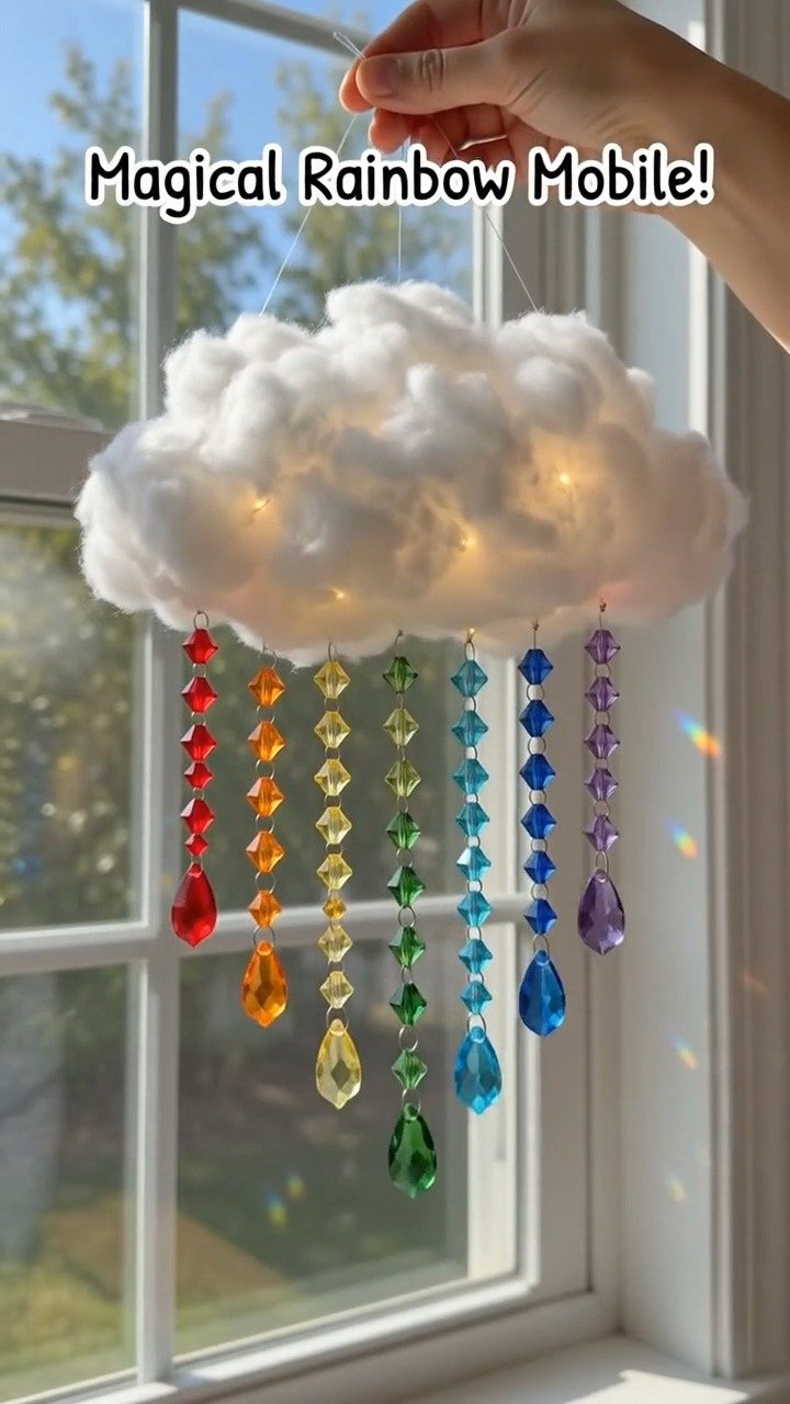 Eine flauschige Pappwolke wird zu einem leuchtenden Regenbogen-Mobile mit Kristallperlen, Angelschnur und sanften Lichtern.