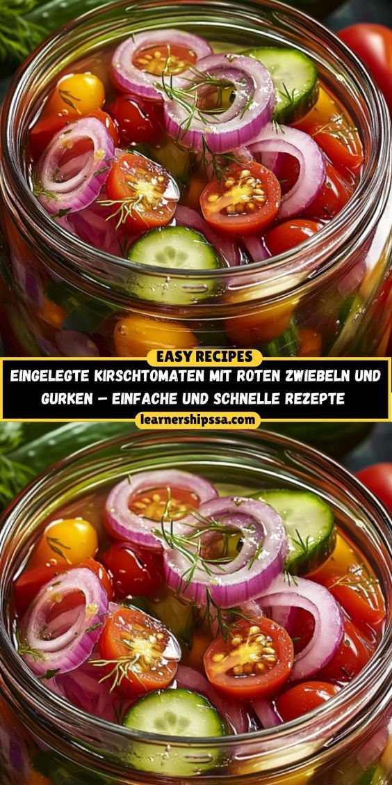 Eingelegte Kirschtomaten, Rote Zwiebeln und Gurken
