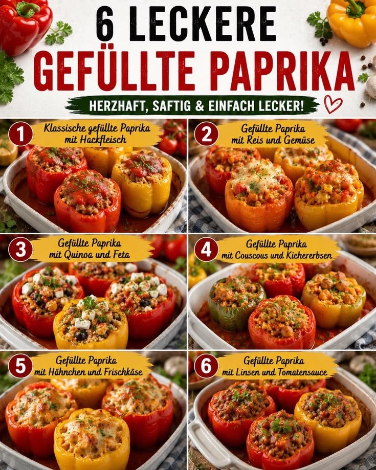 Sabine - 🌶️ 6 Gefüllte Paprika Rezepte – Herzhaft, Saftig & Einfach Lecker  1️⃣ Klassische gefüllte Paprika mit Hackfle… | Gefüllte paprika mit reis, Gefüllte paprika mit hackfleisch