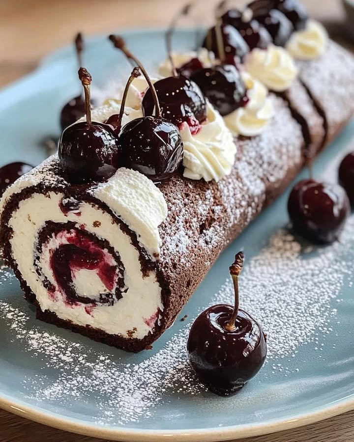 Schwarzwälder Kirschtorte BiskuitrolleZutaten:
4 Eier, 120 g Zucker, 2 EL heißes Wasser, 1 Päckchen Vanillinzucker, 100 g Weizenmehl, 1 TL Backpulver, 20 g Kakaopulver, 2 Gläser Sauerkirsche...