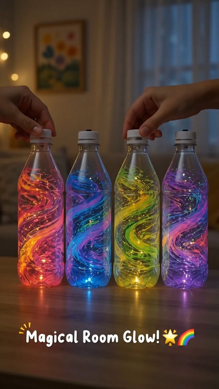 Neonfarben wirbeln in Flaschen und schaffen leuchtende Laternen mit kräftigen Mustern und einem modernen, verspielten Look.