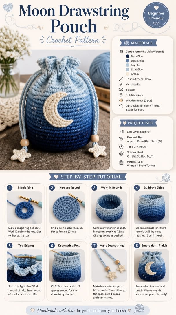 Moon Drawstring Pouch Crochet Pattern