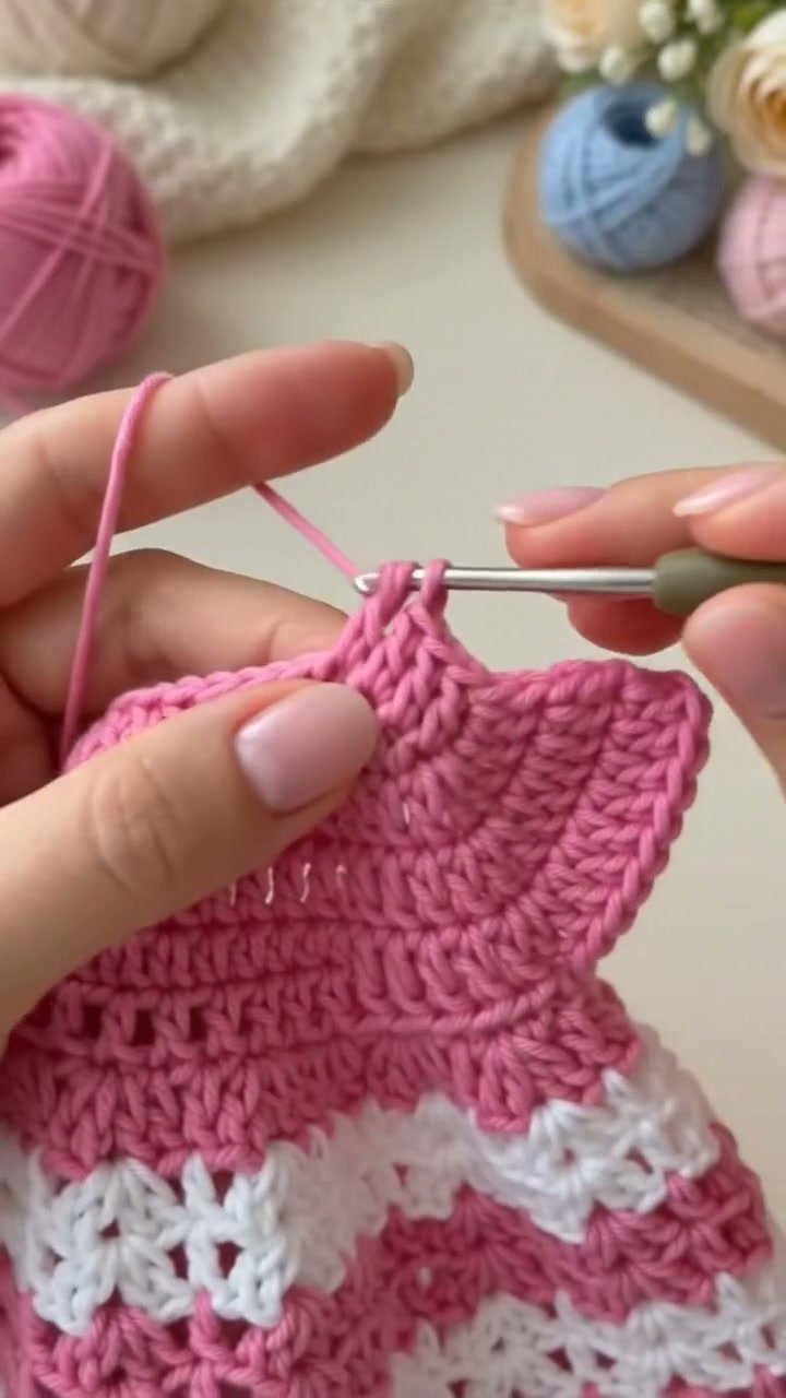 Crochet Pink and White Baby Dress with Booties