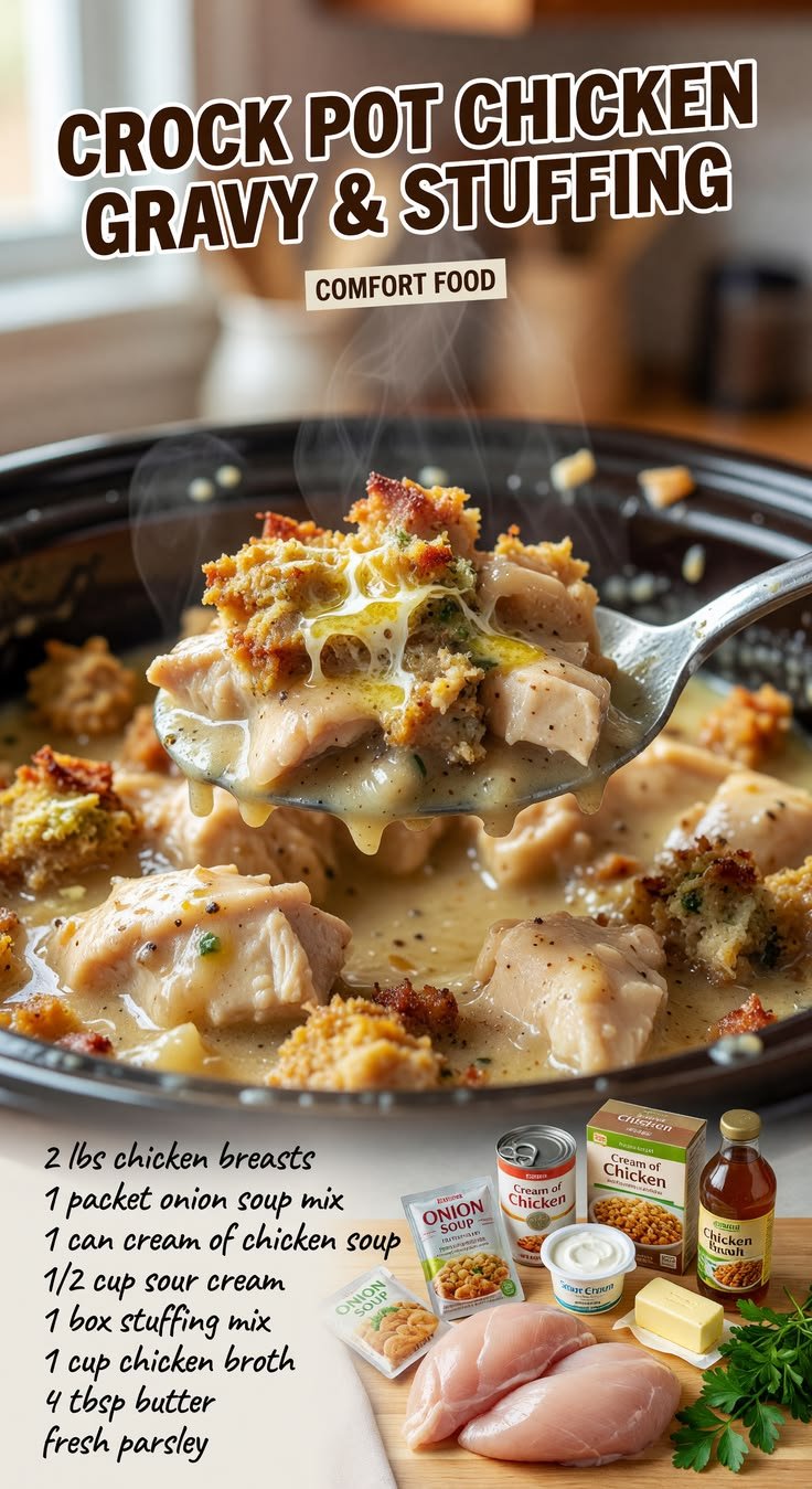 Easy Slow Cooker Chicken with Gravy and Stuffing Recipe