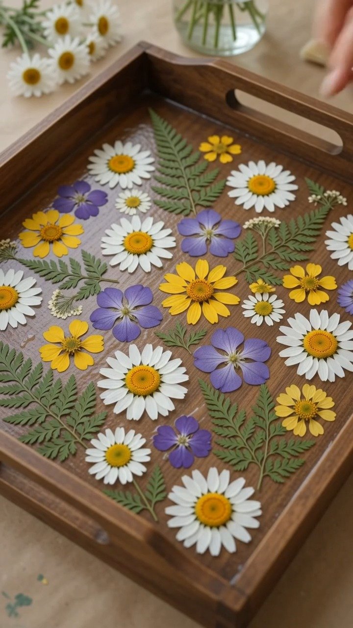 Ein einfacher Servierteller erhält ein frisches Blumen-Makeover mit gemalten Blüten, die Farbe und Charme zum täglichen Servieren bringen.