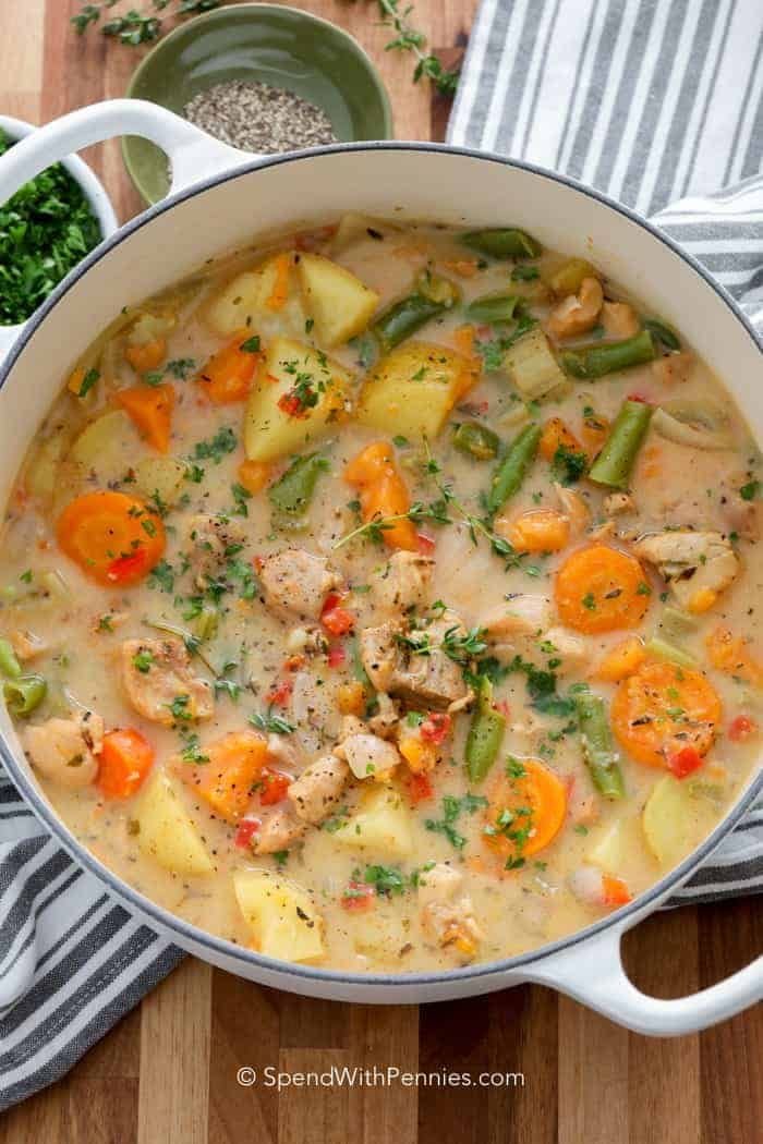 Cozy Winter Stew Recipes for Healthy Meal Prep and Family Dinners | Bowl of chicken stew with vegetables, Hearty chicken soup in pot, Chicken stew in white pot