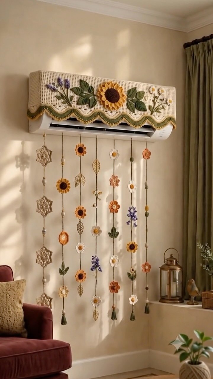 Crochet Garden on an Air Conditioner: Sunflowers and Daisies