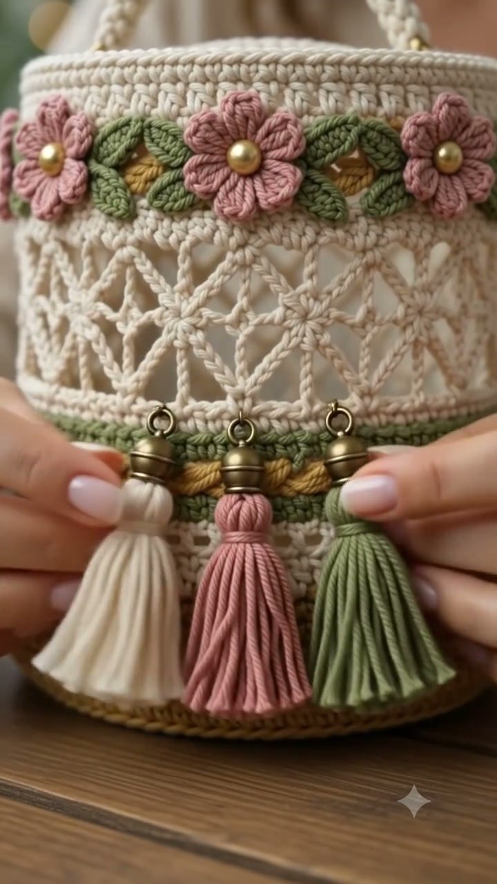 Crochet cardigan: Openwork lattice, floral garland & side pockets