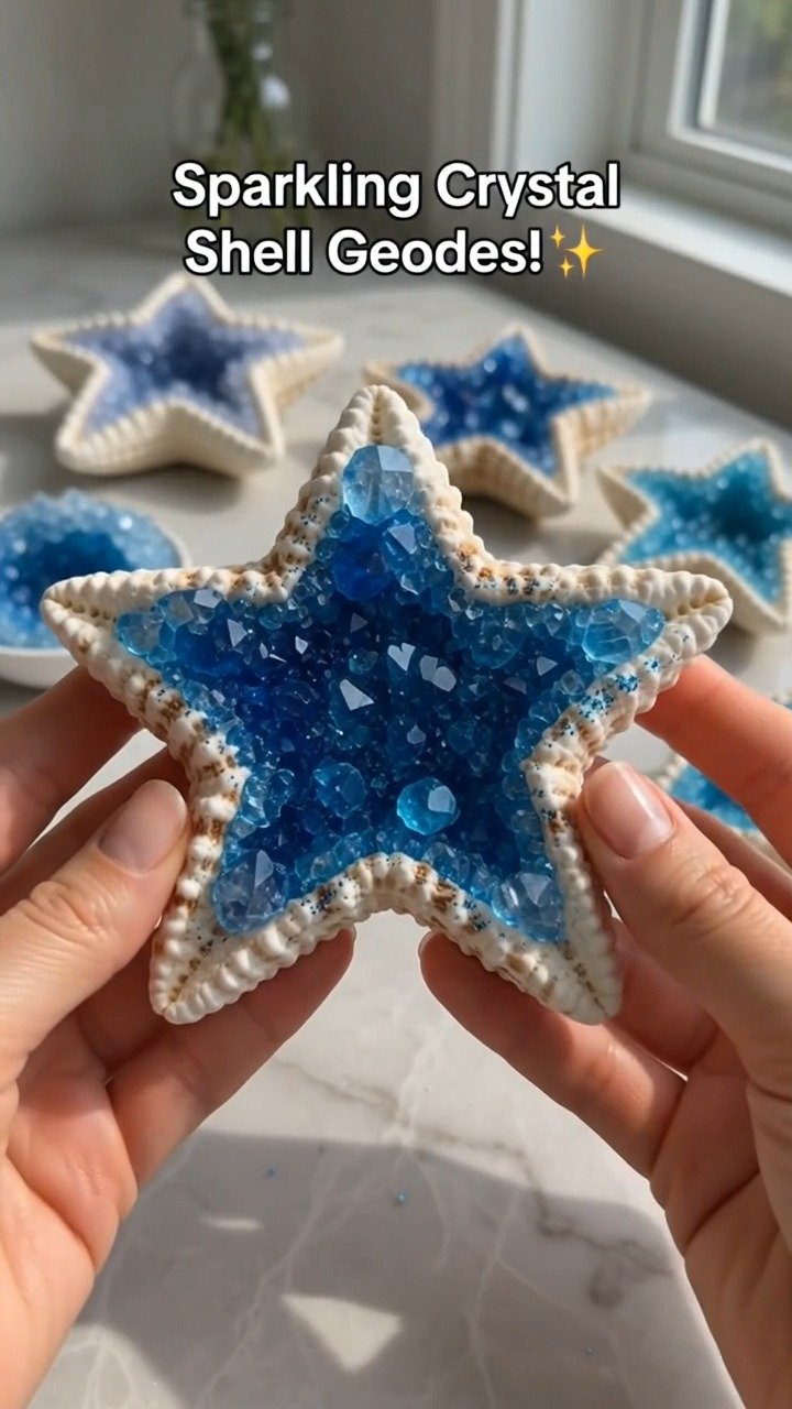Muscheln werden zu funkelnden Kristallschätzen, während bunte Kristalle ihre natürlichen Formen wachsen und eine wunderschöne, wissenschaftlich inspirierte Darstellung schaffen. Ein spannendes Projekt für dieses Wochenende. #Kristallmuscheln
