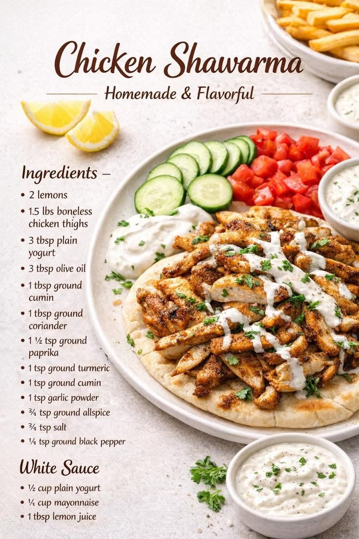 HappyHealthy - Homemade Chicken Shawarma 🤎 Juicy, perfectly spiced chicken with a creamy garlic white sauce — just like your favorite takeout, but made at home and even more yummy! Serve it in wraps, bowls, or with fries for a crowd-pleasing meal ever...