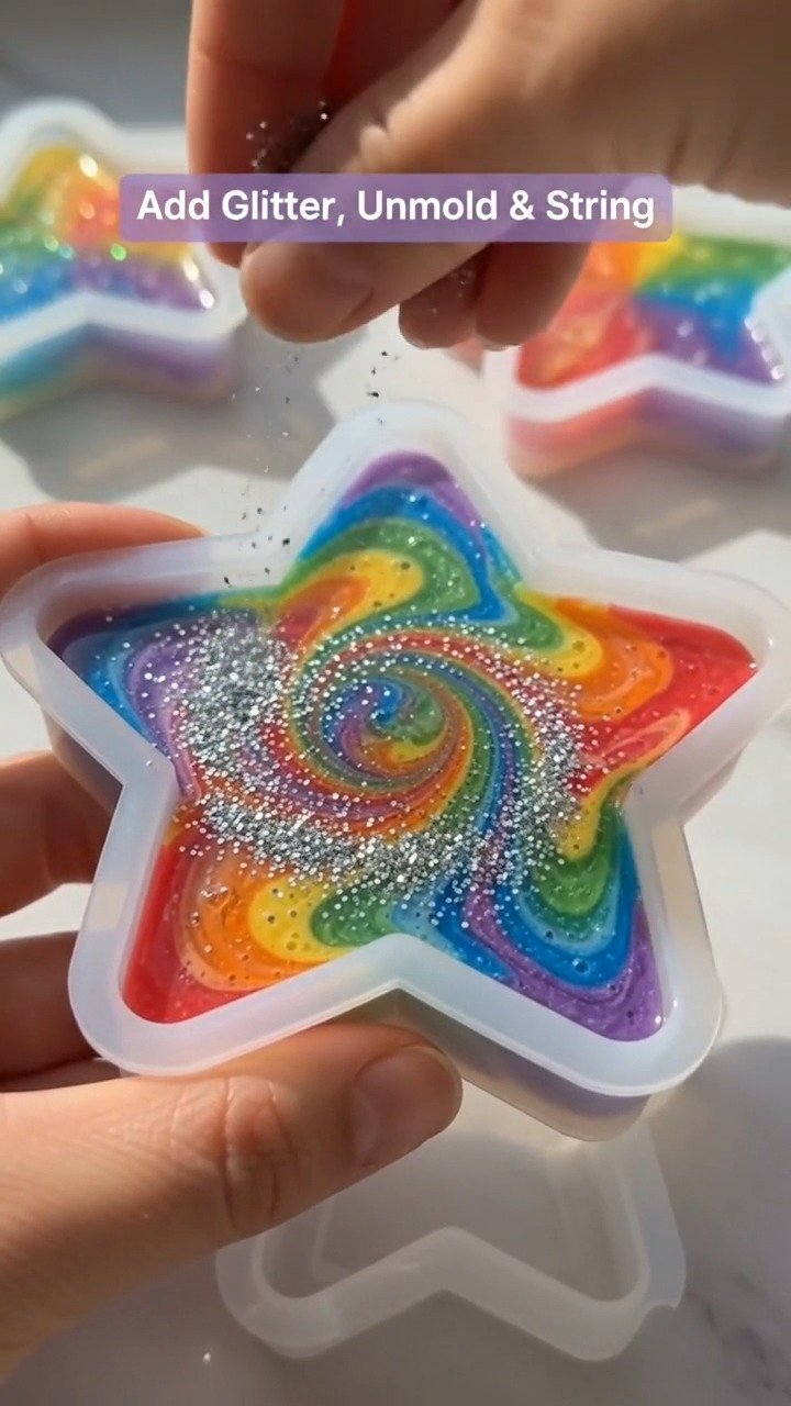 Clear glue, rainbow colors, and glitter create translucent star decorations that catch the light beautifully in any window. 10 Clear glue, rainbow colors, and glitter create translucent star decorations that catch the light beautifully in any window.