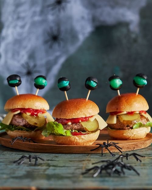 Spooky Monster Burgers Recipe | Halloween Food Ideas | Space themed food ideas for adults, Space-themed party food ideas, Space theme dinner food