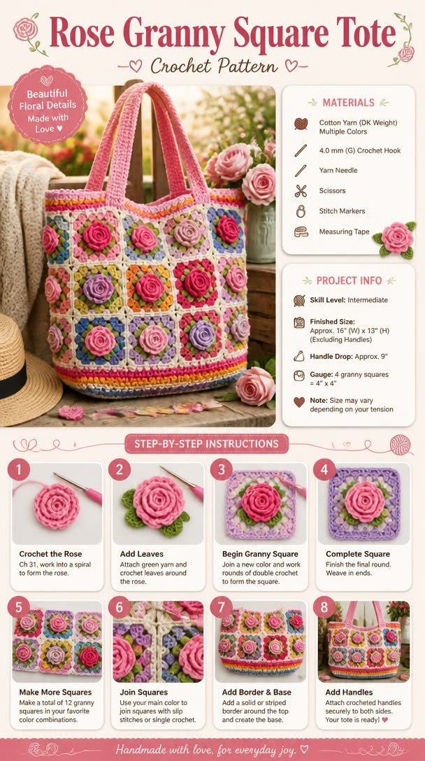 Rose Granny Square Tote