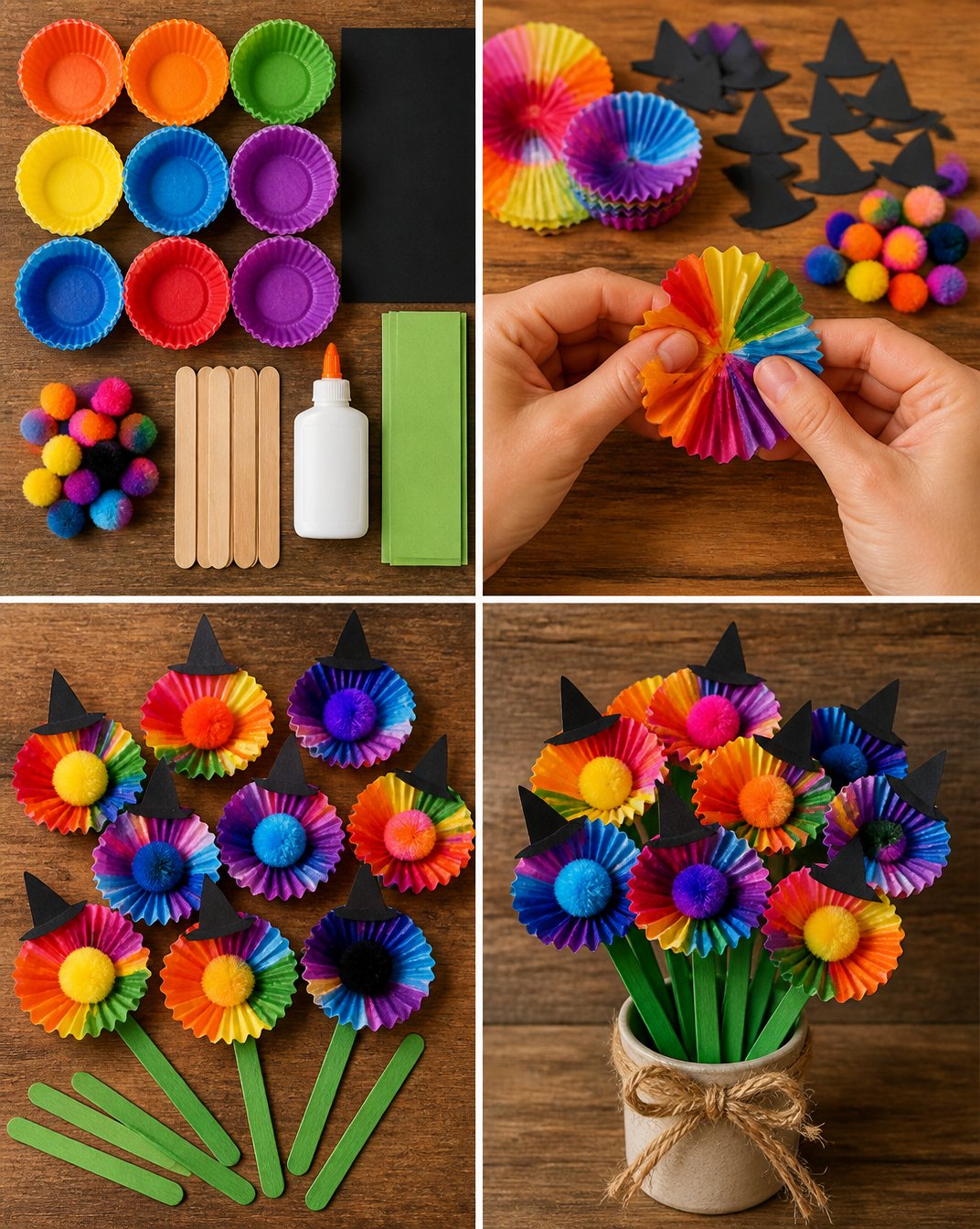 Witch-Hat Style Flowers Made from Cupcake Wrappers 5 Colorful Cupcake-Liner Witch Hat Flowers