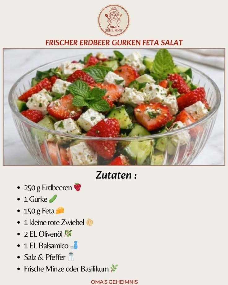 Oma's - Frischer Erdbeer-Gurken-Feta-Salat – sommerlich, leicht & unglaublich frisch 😍🍓🥒🧀  🛒 Zutaten:  250 g Erdbee… | Erdbeer feta salat, Sommer salate, Salat mit früchten