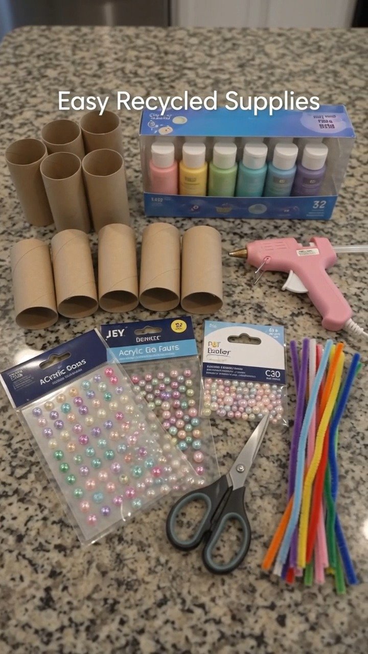 Papprollen werden zu bunten Schmetterlingen, die in fröhlicher Wandkunst mit einfach bemalten Flügeln und dekorativen Details arrangiert sind. Idee für später speichern.