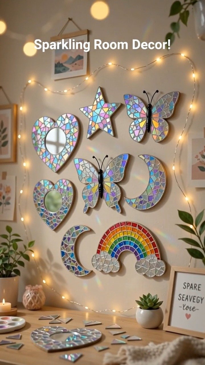 Old CDs become shimmering mosaic pieces around a simple mirror for a bright, reflective wall accent. 12 Old CDs become shimmering mosaic pieces around a simple mirror for a bright, reflective wall accent.