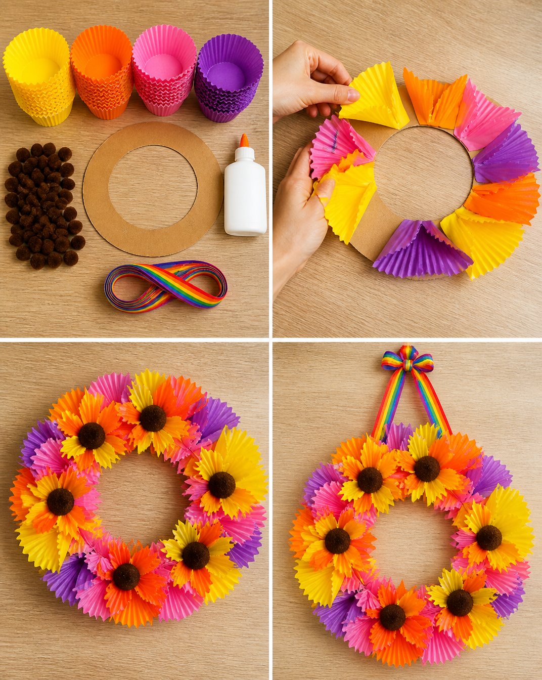 DIY Sunflower Wreath from Colorful Cupcake Liners 17 Colorful Cupcake-Liner Sunflower Wreath