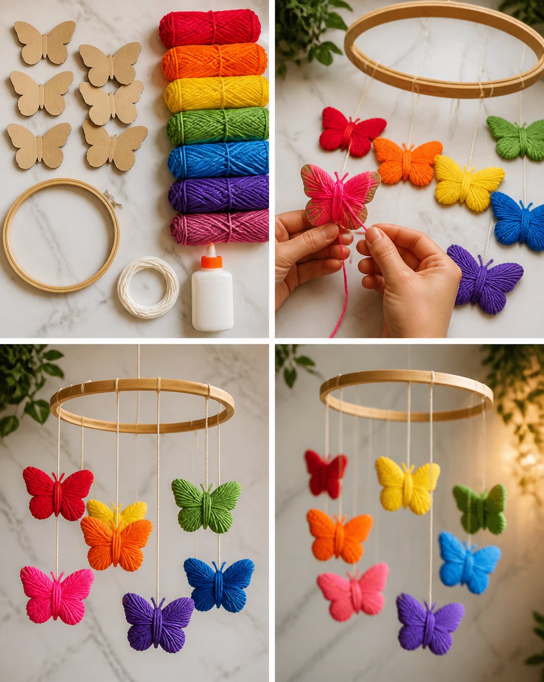 Colorful Yarn-Wrapped Butterfly Mobile for Nursery Decor 17 Rainbow Yarn Wrapped Butterfly Mobile
