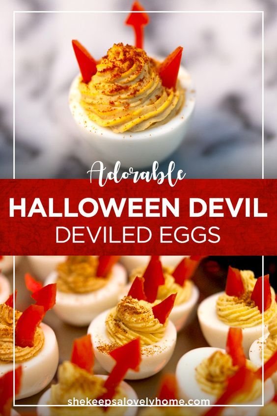 Don't just add horns to your "deviled" eggs, add little tails and a spicy dash of smoked paprika to really give these ad… | Halloween food ideas deviled eggs, Halloween snacks deviled eggs, Halloween food appetizers