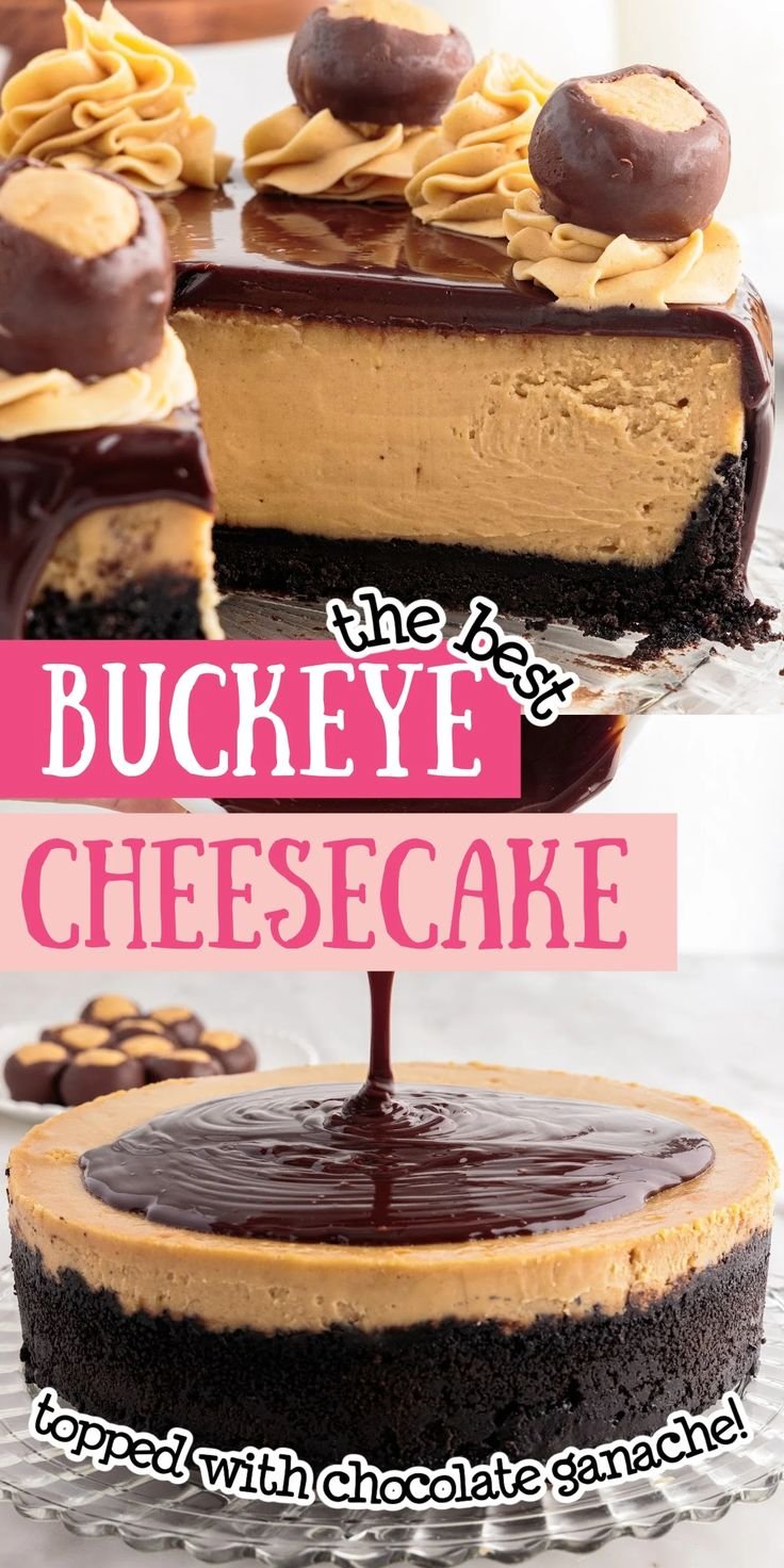 Easy peanut butter chocolate cheesecake is rich, decadent, covered in a sweet chocolate ganache, decorated with buckeyes…