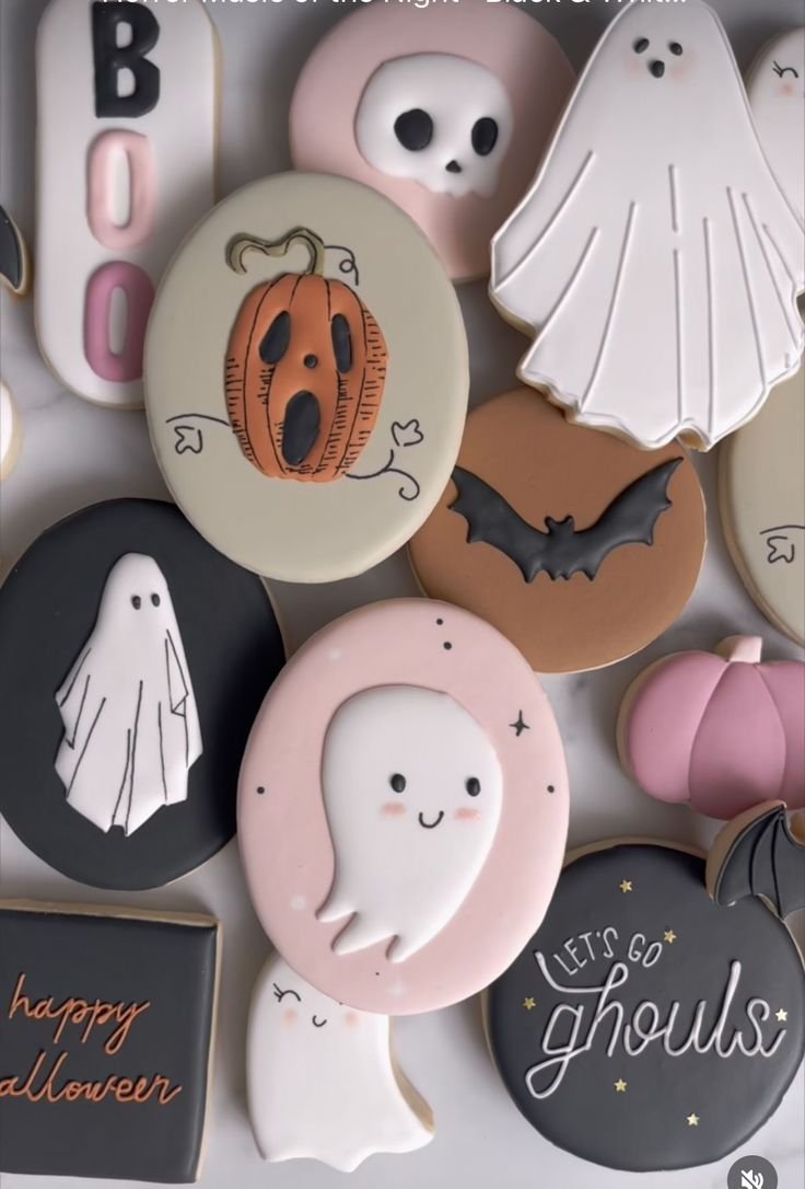 Halloween Sugar Cookies Decorated with Ghosts, Bats, and Pumpkins | Spooky cookies decorated, Sugar cookie decorating for beginners, Ghost sugar cookies decorated
