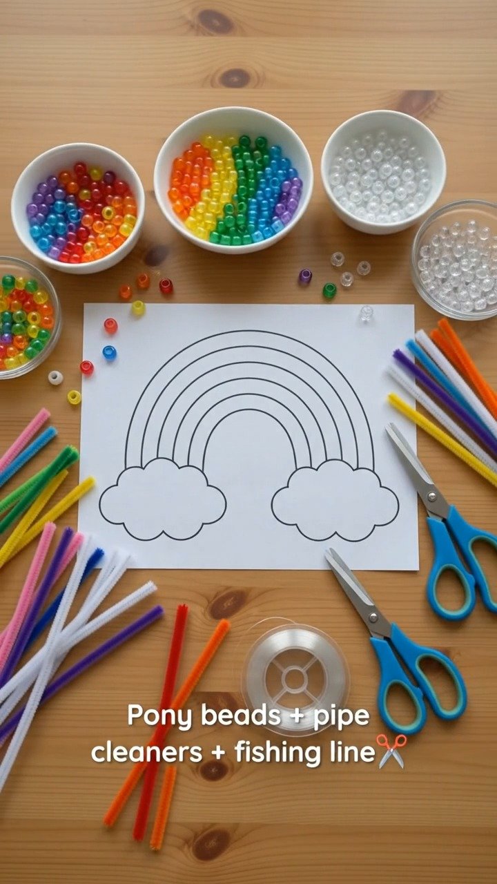 Regenbogenperlen fangen das Licht ein und streuen es, verwandeln ein einfaches Hängedesign in eine fröhliche Fensterdekoration.