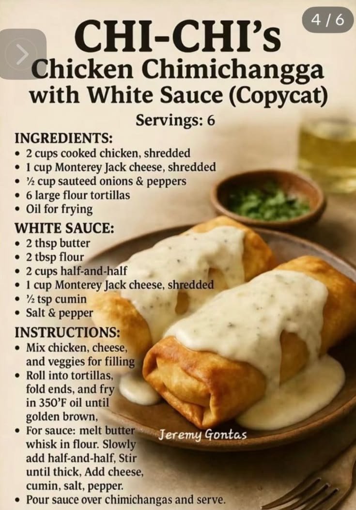 Chi chi's chicken chimichangas white sauce | Mexican food recipes chimichangas, How to make white sauce for chimichangas, Chiles rellenos
