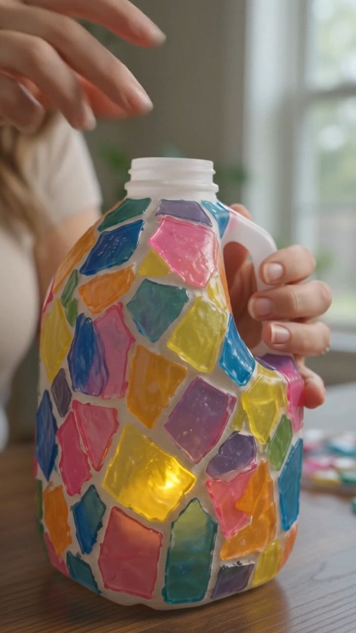 Geben Sie einem Plastikbehälter ein zweites Leben, indem Sie ihn in eine Mosaiklaterne verwandeln, die mit bunten Stücken leuchtet, wenn sie beleuchtet wird.