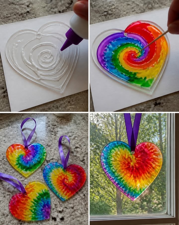 DIY swirled glue sun catchers produce enchanting colorful designs that shine brilliantly in the sunlight. It's a delightful window art project you can do yourself. Be sure to save this idea! #Suncatch