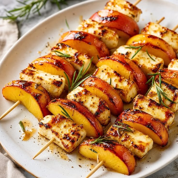 Sonnige Pfirsich-Halloumi-Rosmarin-Spieße vom Grill Rezept