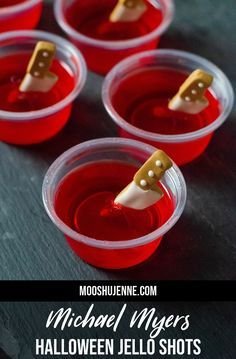 Strawberry jello shots with candy knives for Michael Myers Halloween Jello Shots. Great for Halloween parties that are s… | Michael myers halloween party ideas, Michael myers party food, Halloween cocktails