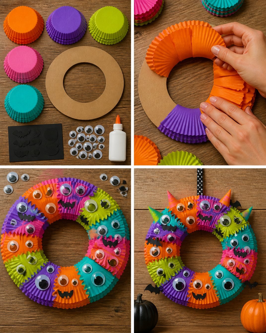 DIY Rainbow Cupcake-Liner Halloween Monster Wreath 19 Rainbow Cupcake-Liner Halloween Monster Wreath