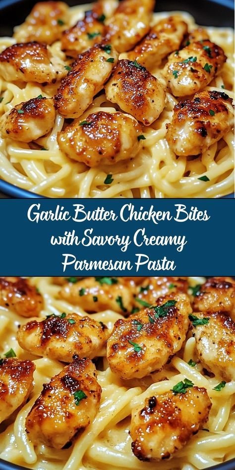 Lemon garlic butter chicken with creamy parmesan pasta | Garlic chicken bites with creamy parmesan pasta, Garlic butter chicken bites, Chicken dinner recipes