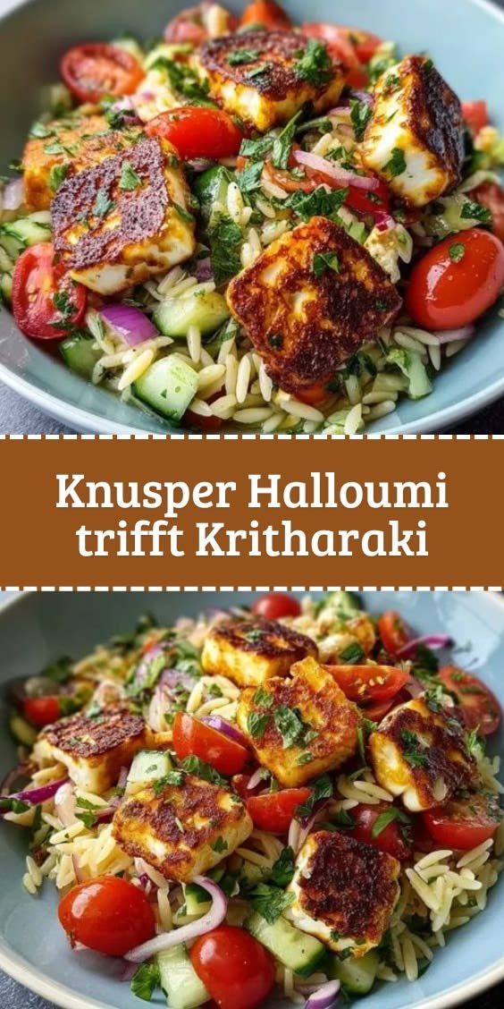 Knuspriger Kritharaki Salat mit Halloumi Croutons, der nach Urlaub schmeckt