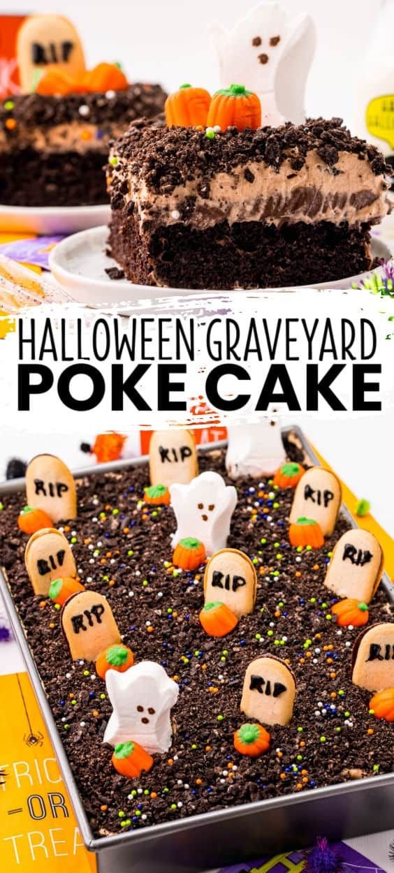 Halloween Graveyard Chocolate Poke Cake | Chocolate halloween cake, Halloween cake decorating ideas, Halloween cake ideas for adults