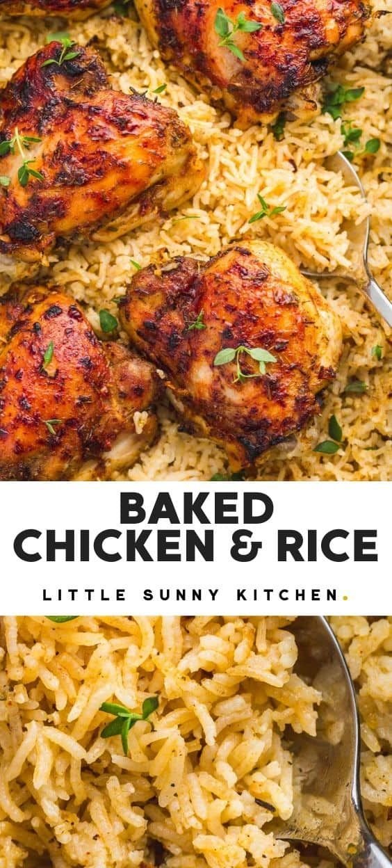 Oven Baked Chicken and Rice - Easy One Pot Dinner | Baked chicken thigh and rice recipes, Chicken thighs in oven with rice, Chicken and rice easy