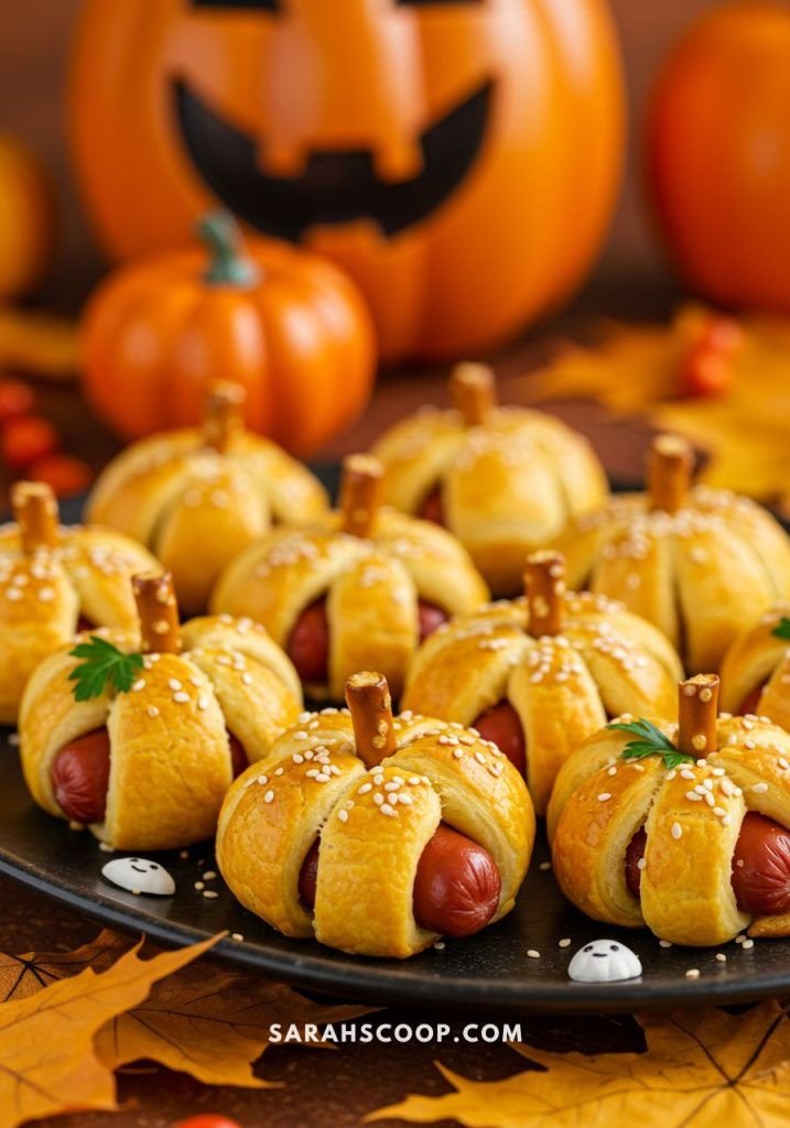 🐷 Pumpkin Patch Pigs in a Blanket for Little Tricksters 🎃🥐 | Candy corn pigs and a blanket, Halloween pigs in a blanket party, Halloween finger food ideas