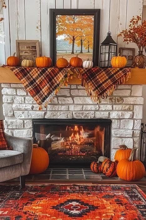 Fireplace fall decor with TV | Decorating your mantle for fall, Autumn fireplace mantel decor, Fireplace mantel fall decor