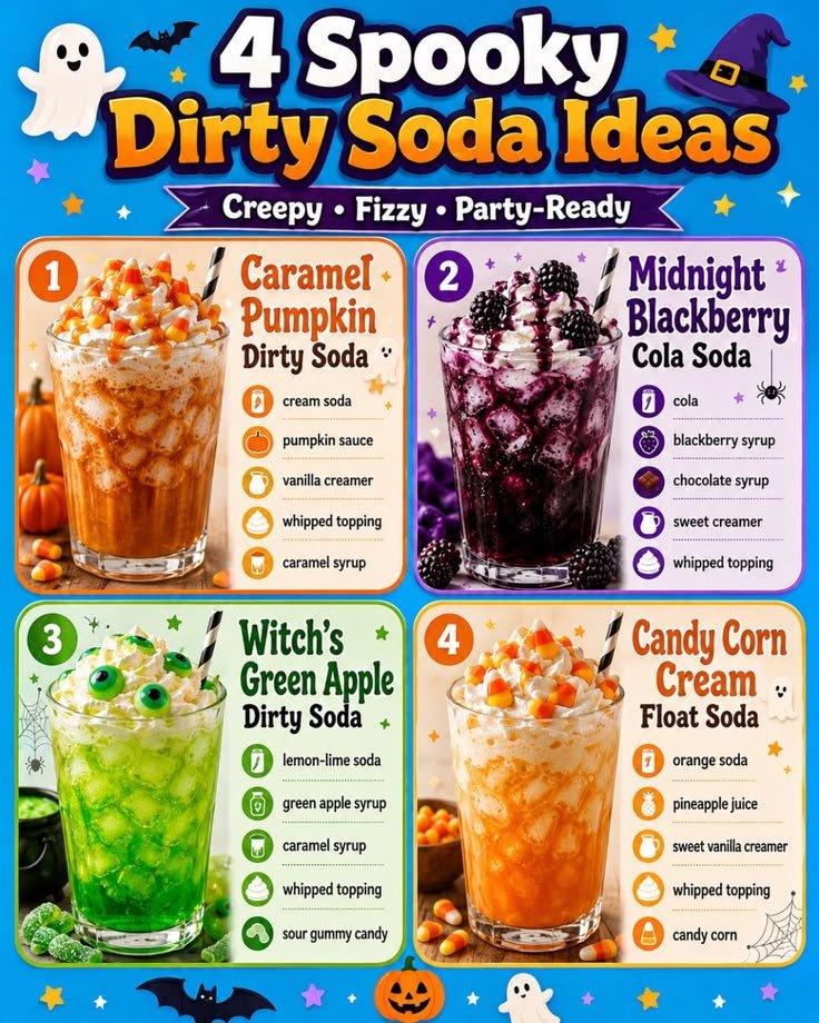 👻 4 Spooky Dirty Soda Ideas

Four fun Halloween dirty sodas with fizzy flavors, creamy toppings, and spooky colors. Per… | Non alcoholic fall dirty soda drinks, Spooky drinks for kids, Halloween dirty cocktails
